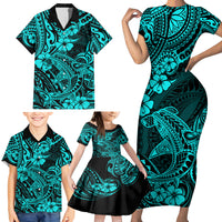 Hawaii Shark Family Matching Short Sleeve Bodycon Dress and Hawaiian Shirt Polynesian Pattern Turquoise Version - Wonder Print Shop