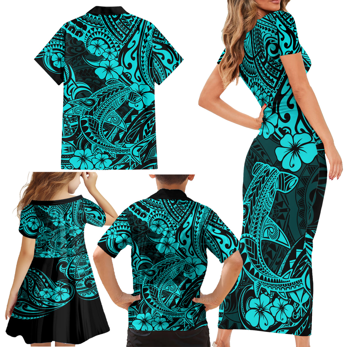 Hawaii Shark Family Matching Short Sleeve Bodycon Dress and Hawaiian Shirt Polynesian Pattern Turquoise Version - Wonder Print Shop