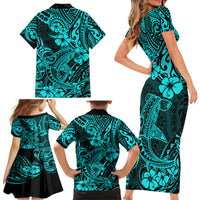 Hawaii Shark Family Matching Short Sleeve Bodycon Dress and Hawaiian Shirt Polynesian Pattern Turquoise Version - Wonder Print Shop