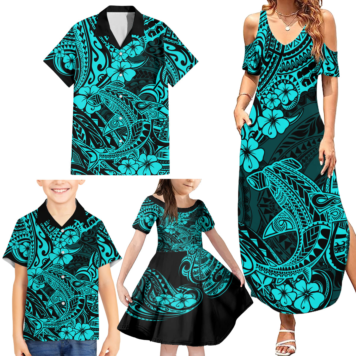 Hawaii Shark Family Matching Summer Maxi Dress and Hawaiian Shirt Polynesian Pattern Turquoise Version - Wonder Print Shop