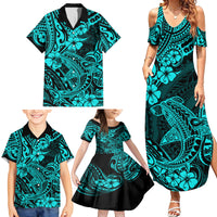 Hawaii Shark Family Matching Summer Maxi Dress and Hawaiian Shirt Polynesian Pattern Turquoise Version - Wonder Print Shop