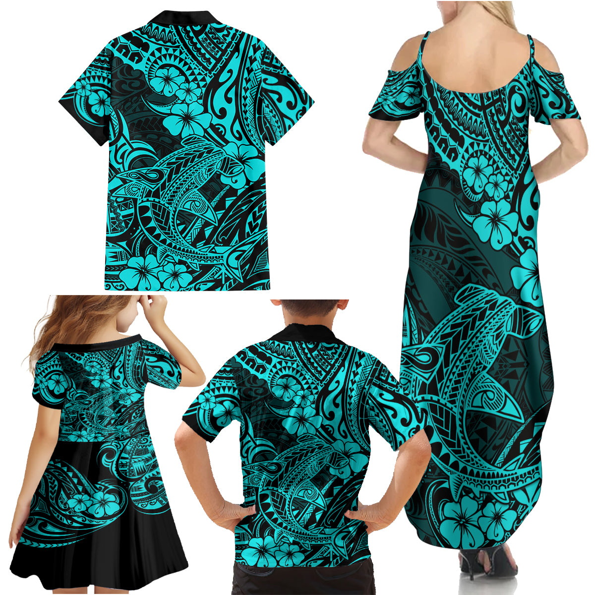 Hawaii Shark Family Matching Summer Maxi Dress and Hawaiian Shirt Polynesian Pattern Turquoise Version - Wonder Print Shop