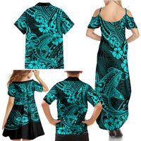 Hawaii Shark Family Matching Summer Maxi Dress and Hawaiian Shirt Polynesian Pattern Turquoise Version - Wonder Print Shop