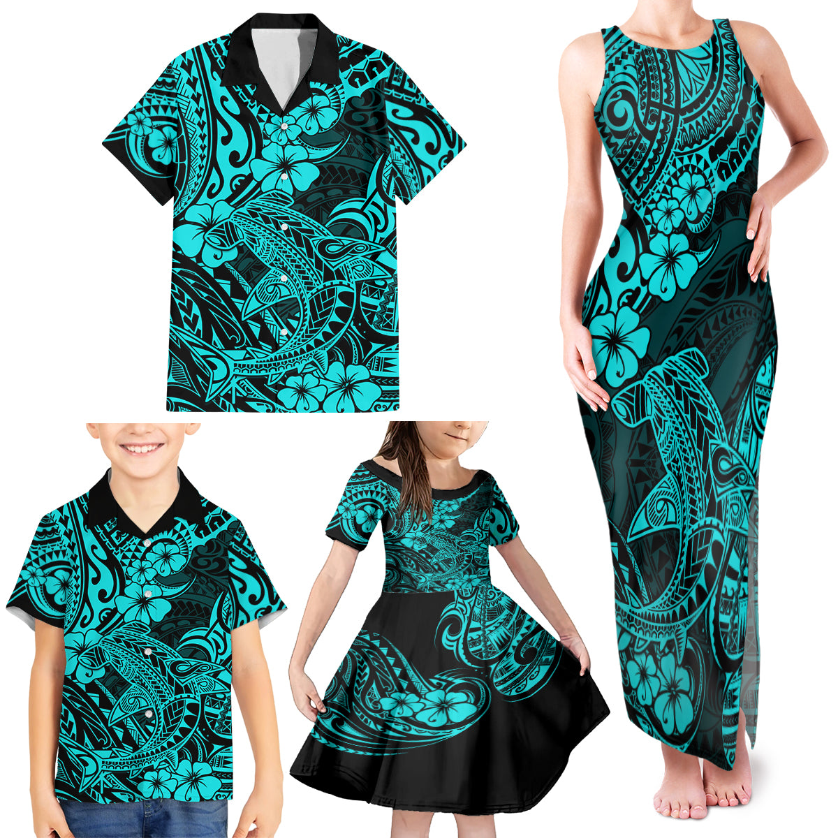 Hawaii Shark Family Matching Tank Maxi Dress and Hawaiian Shirt Polynesian Pattern Turquoise Version - Wonder Print Shop
