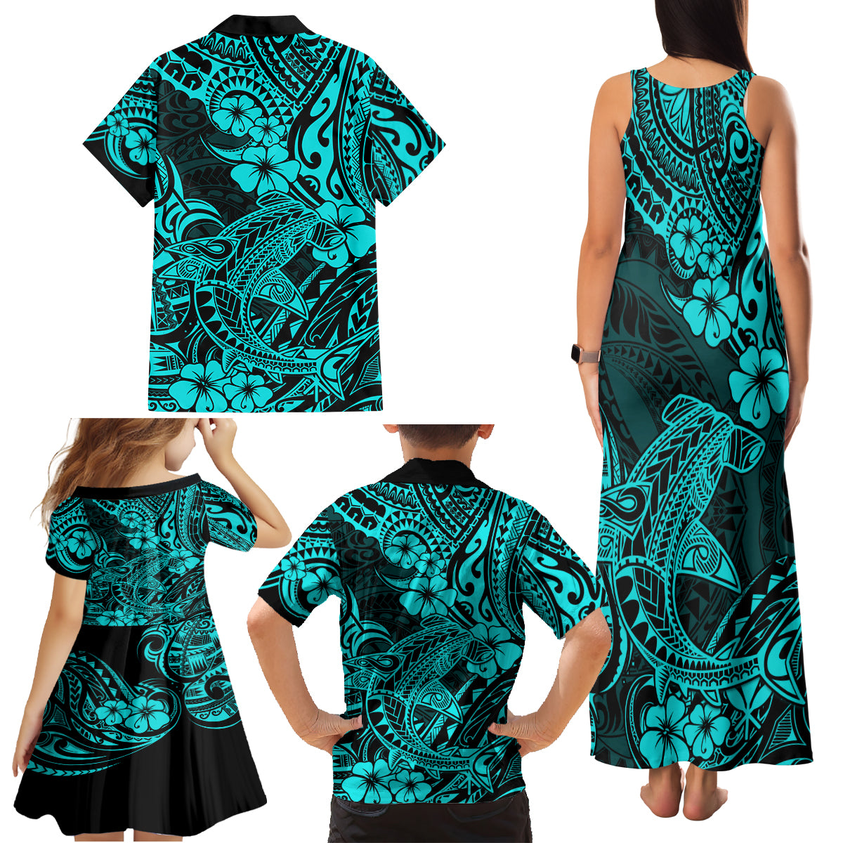 Hawaii Shark Family Matching Tank Maxi Dress and Hawaiian Shirt Polynesian Pattern Turquoise Version - Wonder Print Shop