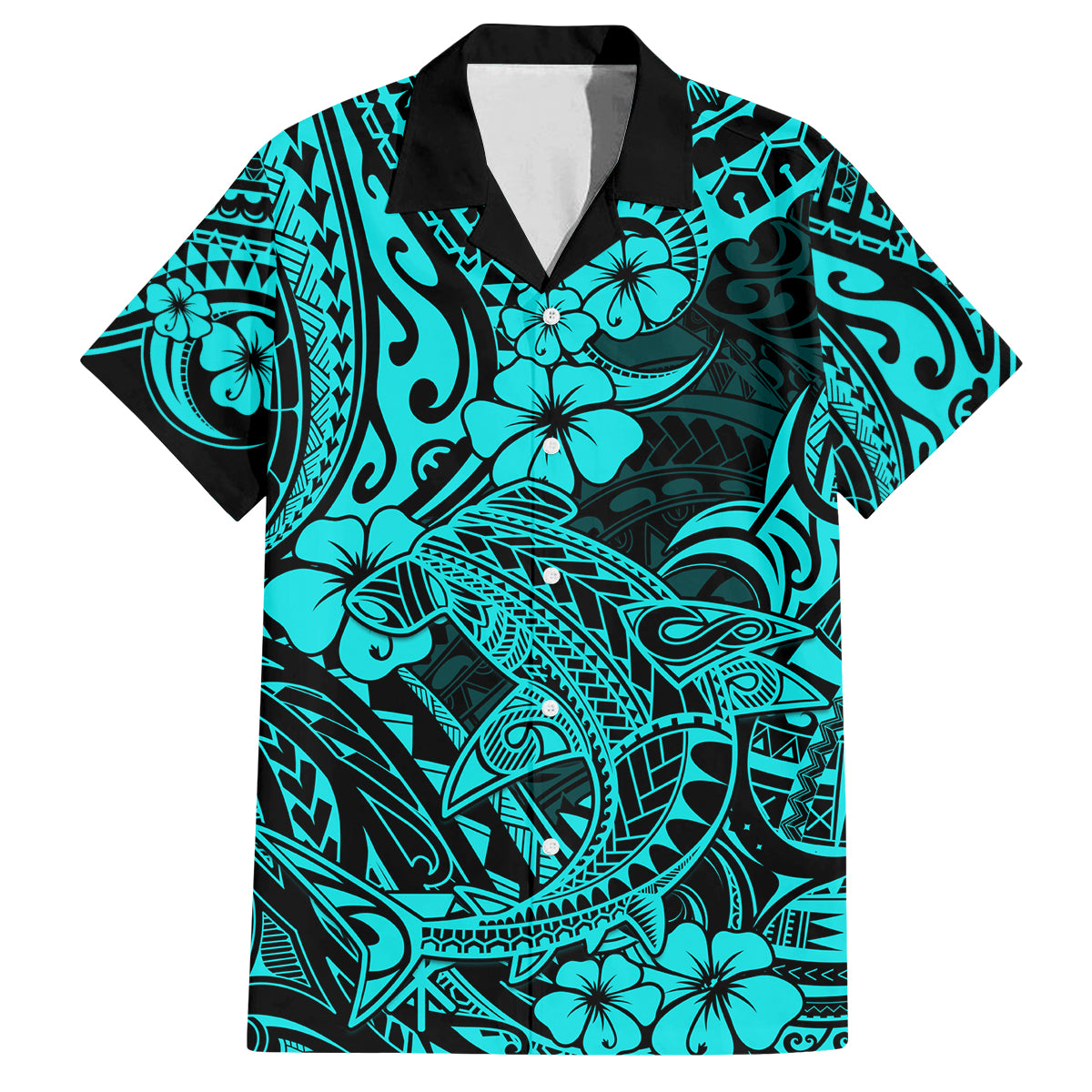 Hawaii Shark Family Matching Tank Maxi Dress and Hawaiian Shirt Polynesian Pattern Turquoise Version - Wonder Print Shop