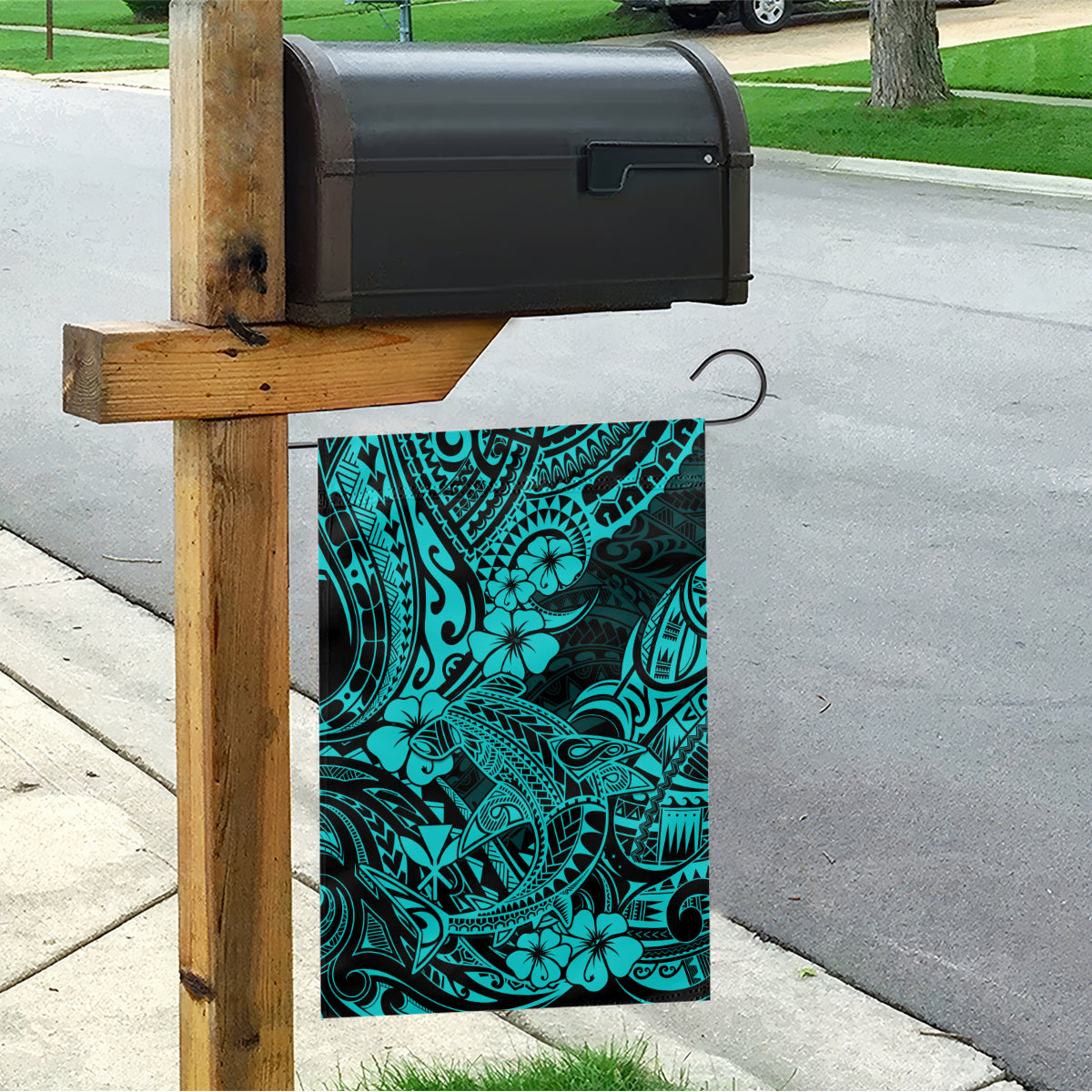 Hawaii Shark Garden Flag Polynesian Pattern Turquoise Version - Wonder Print Shop