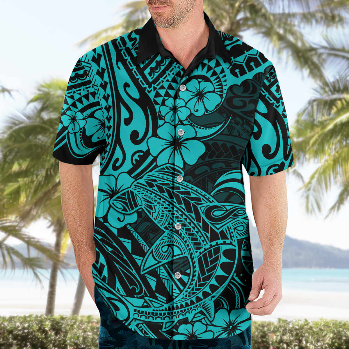 Hawaii Shark Hawaiian Shirt Polynesian Pattern Turquoise Version - Wonder Print Shop