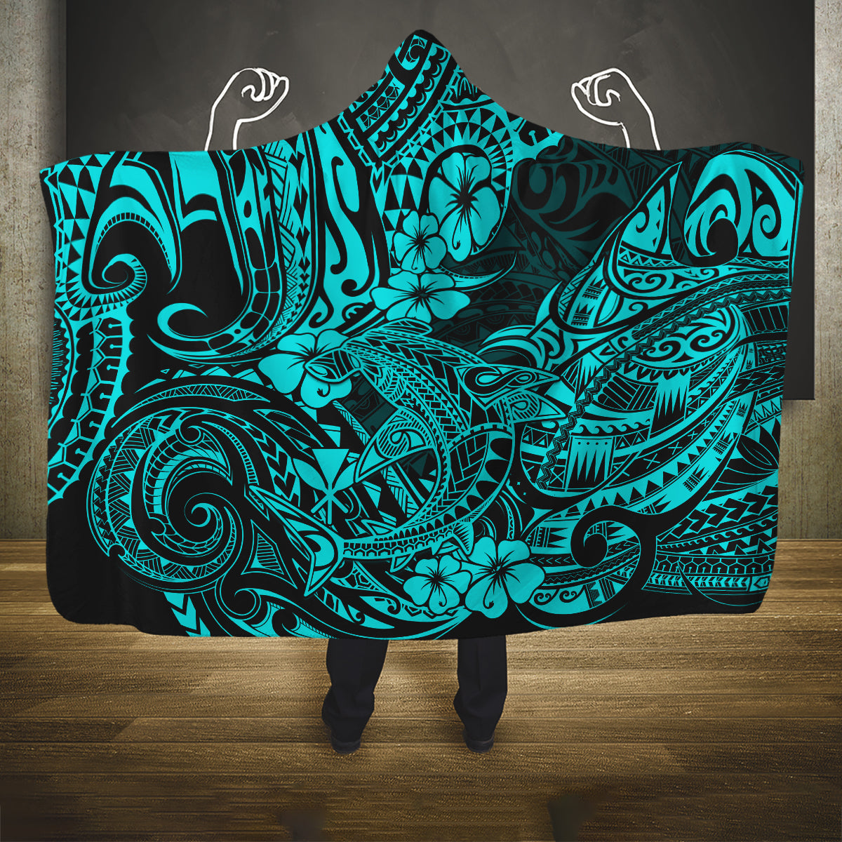 hawaii-shark-hooded-blanket-polynesian-pattern-turquoise-version