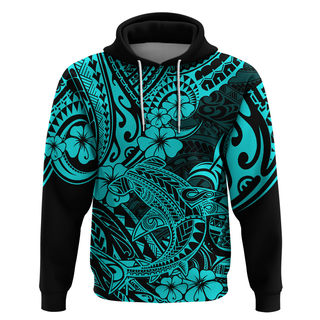 Hawaii Shark Hoodie Polynesian Pattern Turquoise Version - Wonder Print Shop