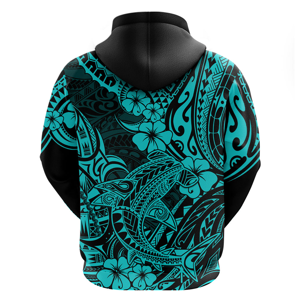 Hawaii Shark Hoodie Polynesian Pattern Turquoise Version - Wonder Print Shop
