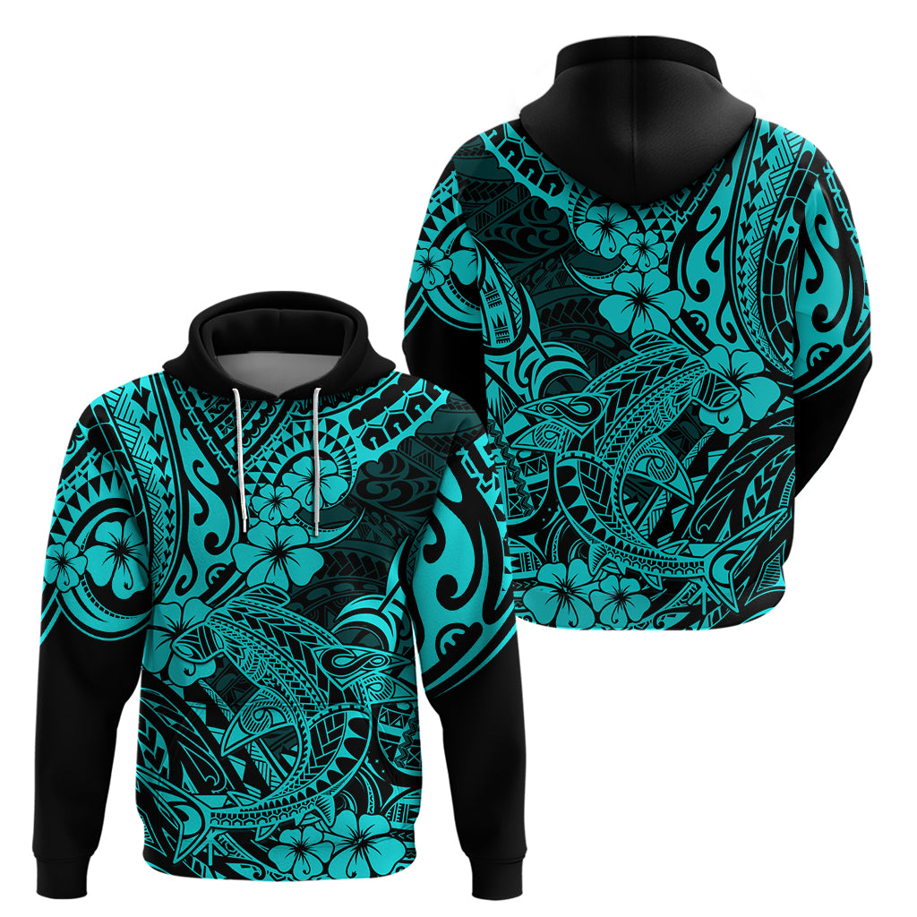 Hawaii Shark Hoodie Polynesian Pattern Turquoise Version - Wonder Print Shop
