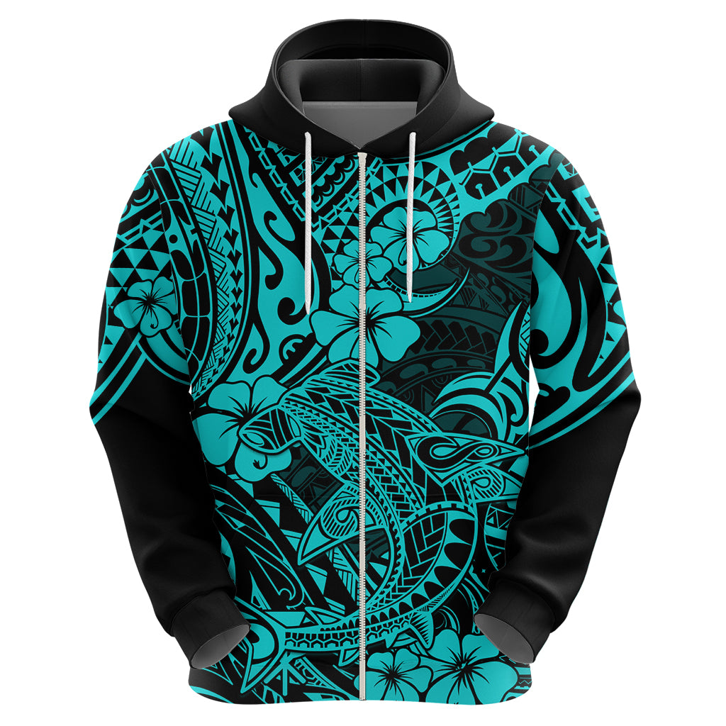 Hawaii Shark Hoodie Polynesian Pattern Turquoise Version - Wonder Print Shop