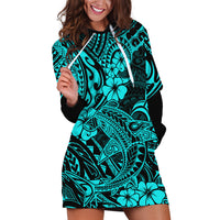 Hawaii Shark Hoodie Dress Polynesian Pattern Turquoise Version - Wonder Print Shop