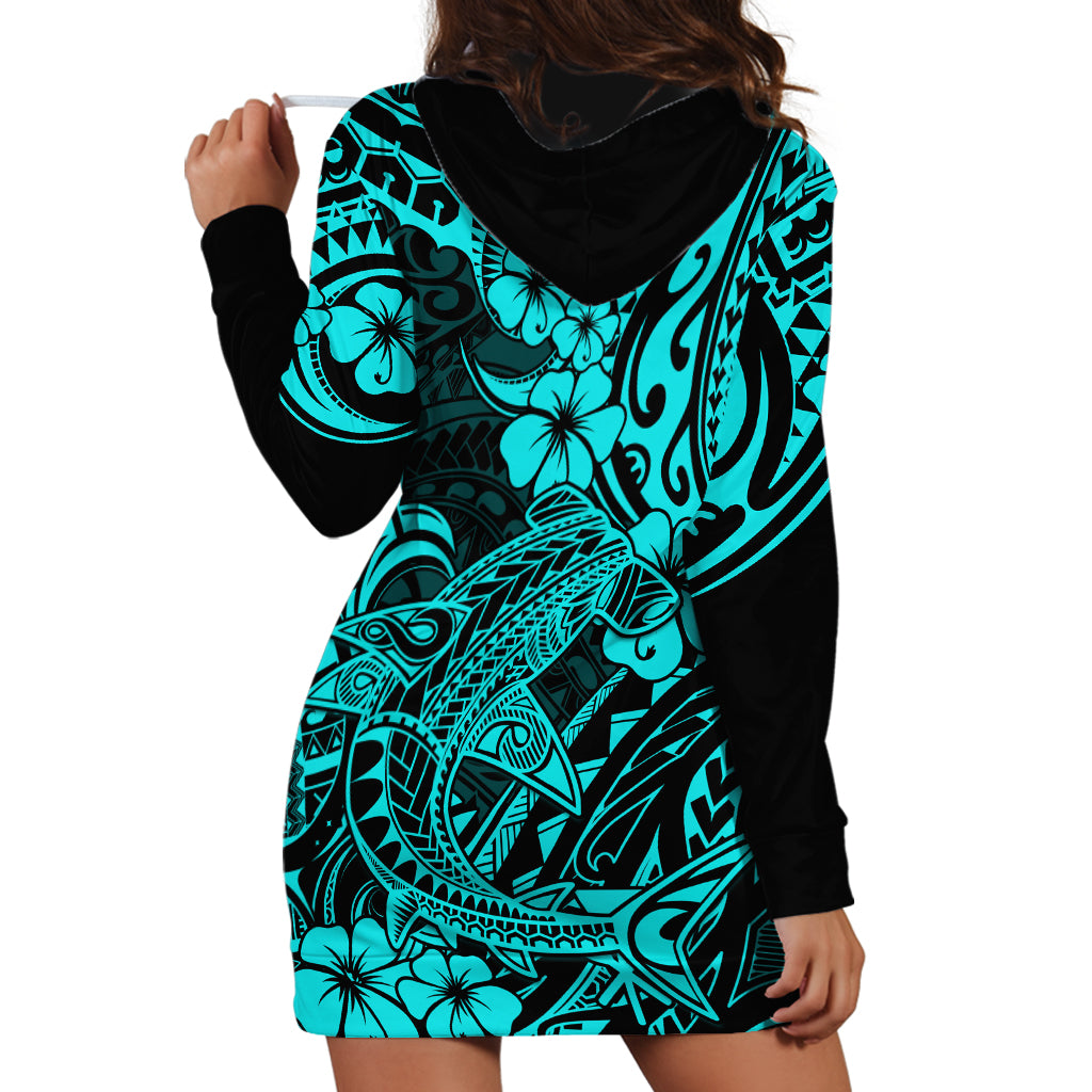 Hawaii Shark Hoodie Dress Polynesian Pattern Turquoise Version - Wonder Print Shop