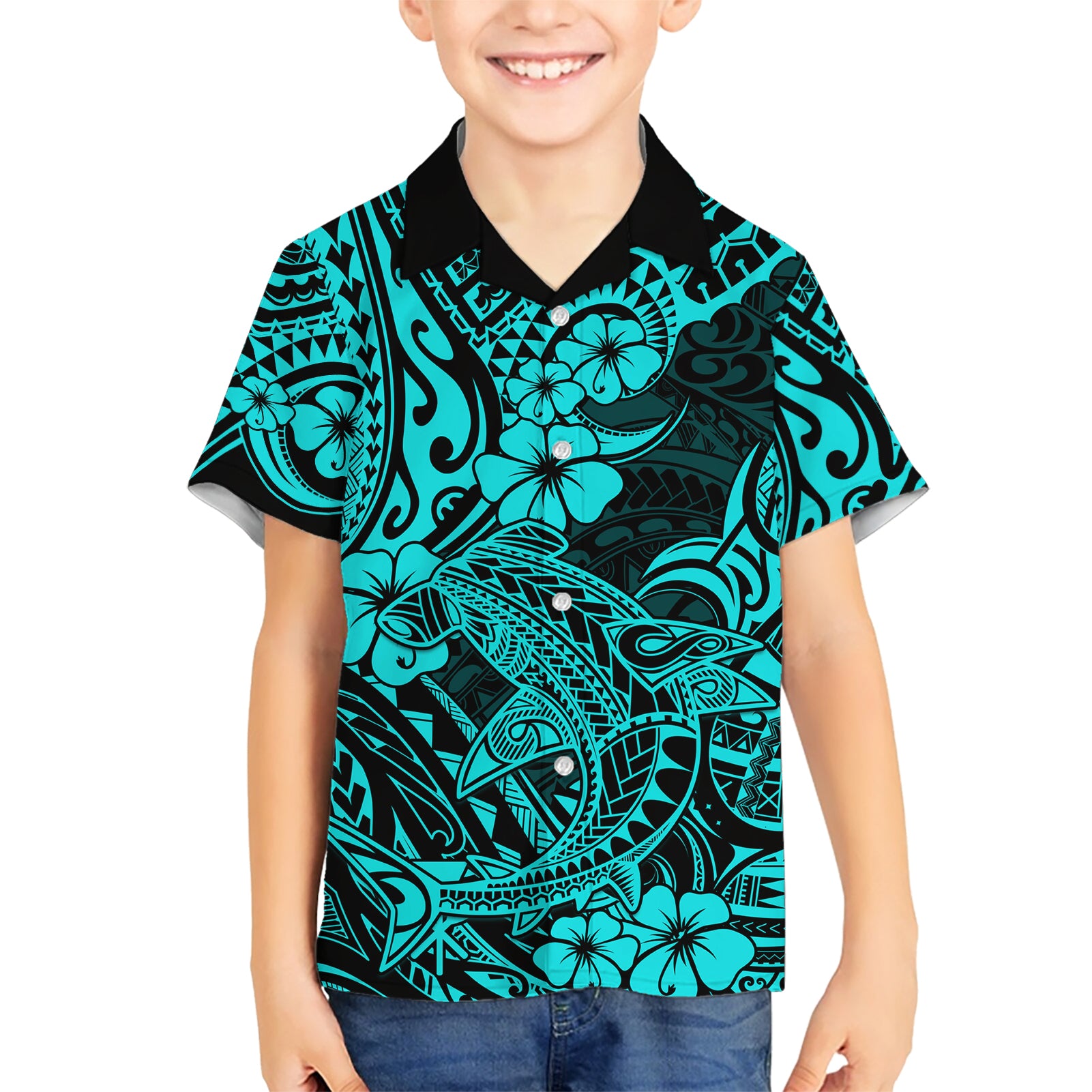 Hawaii Shark Kid Hawaiian Shirt Polynesian Pattern Turquoise Version - Wonder Print Shop