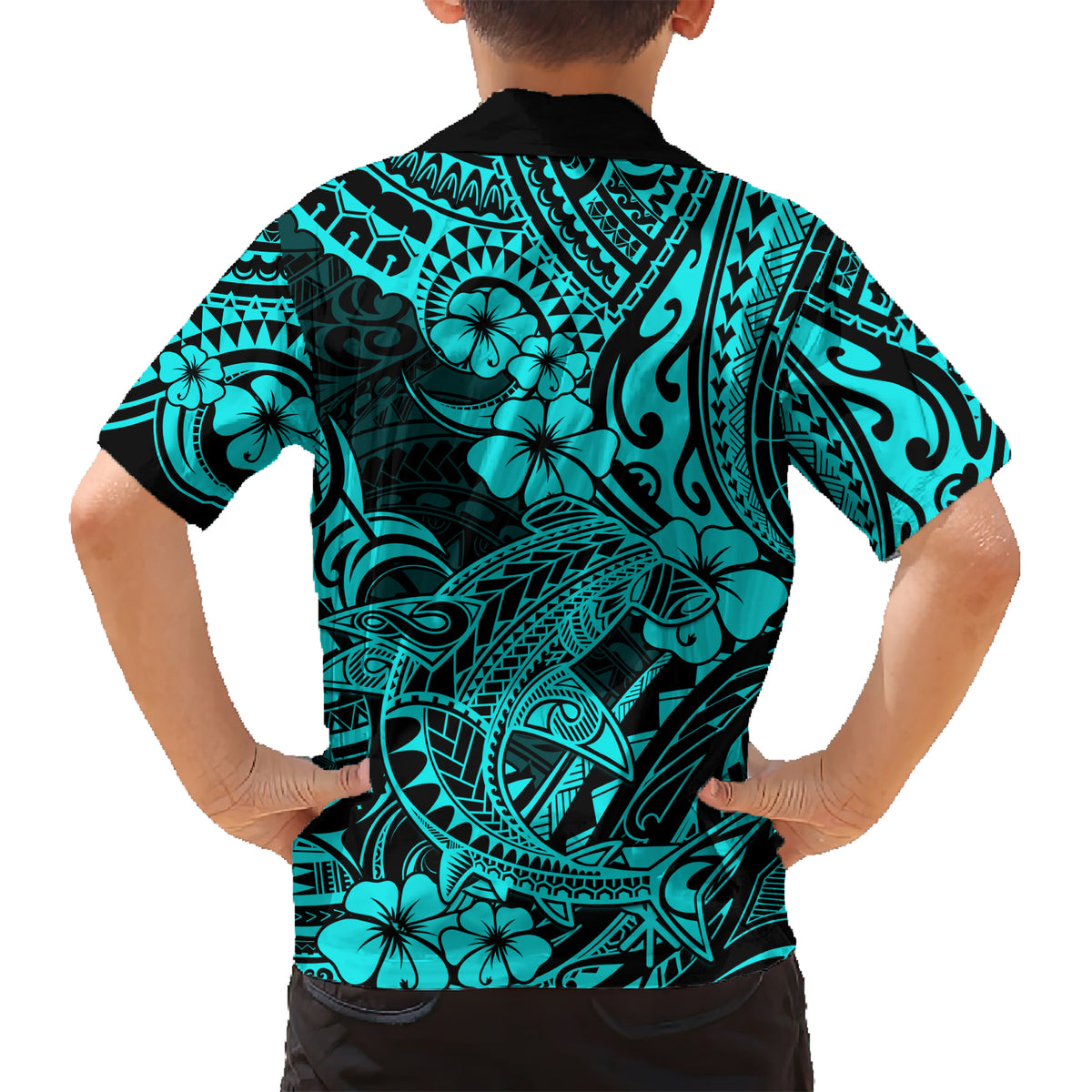 Hawaii Shark Kid Hawaiian Shirt Polynesian Pattern Turquoise Version - Wonder Print Shop