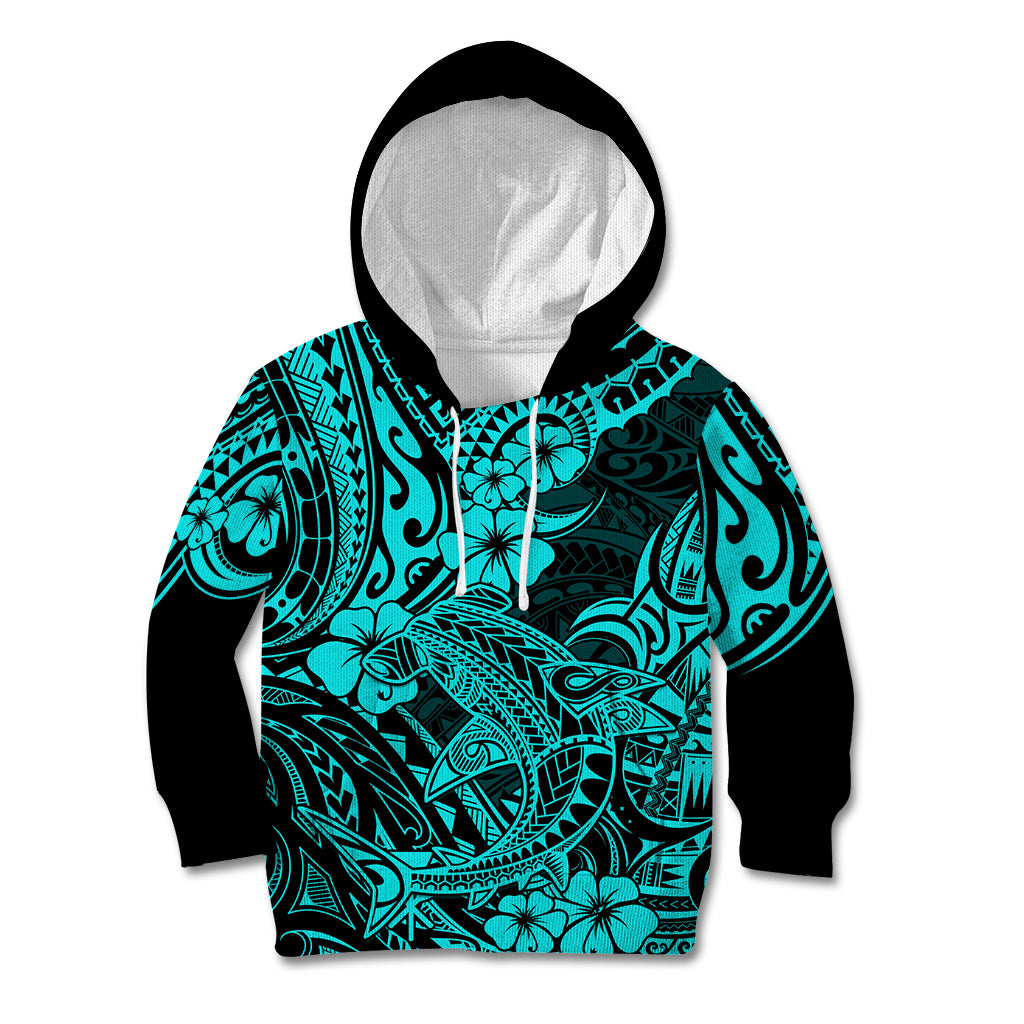 Hawaii Shark Kid Hoodie Polynesian Pattern Turquoise Version - Wonder Print Shop