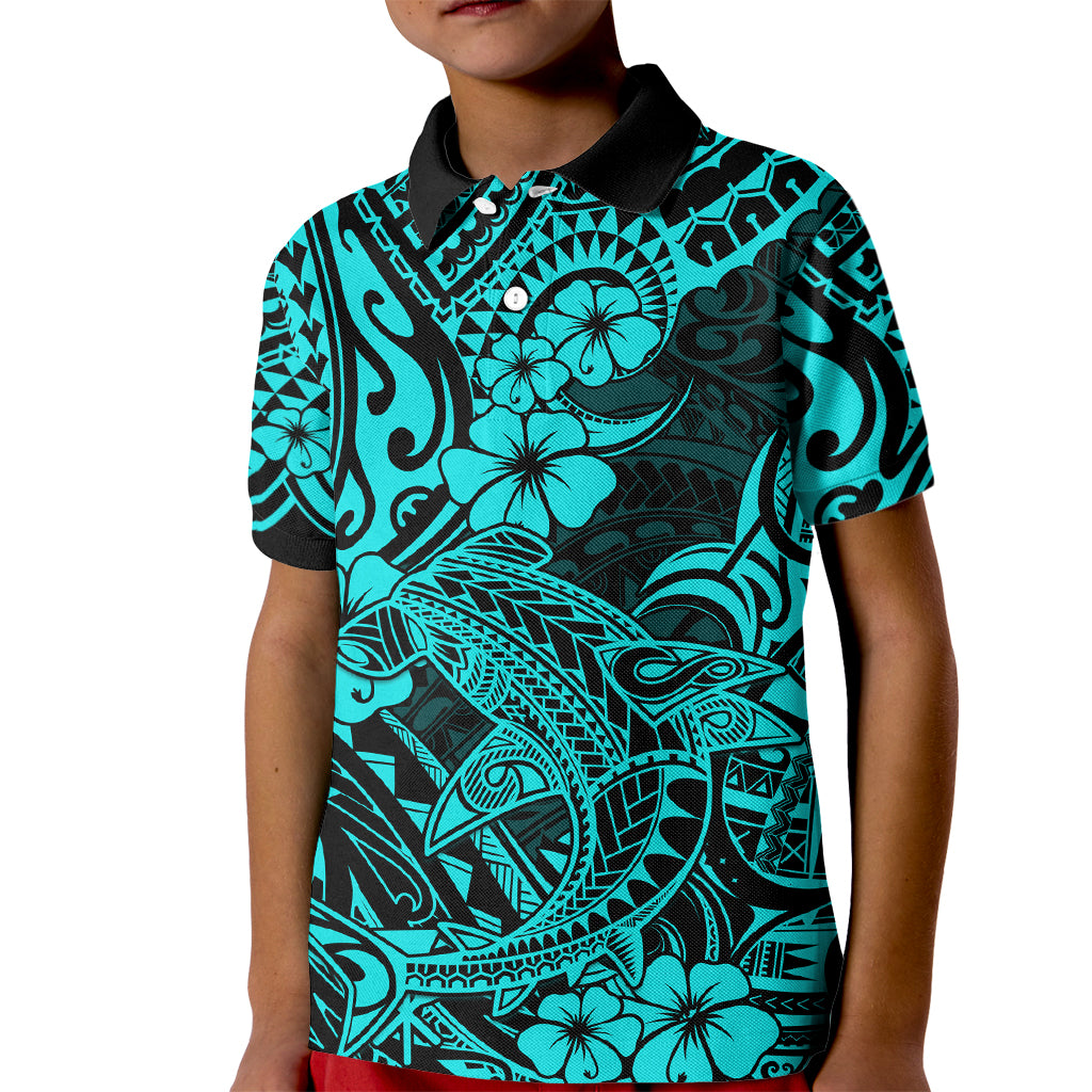 Hawaii Shark Kid Polo Shirt Polynesian Pattern Turquoise Version - Wonder Print Shop