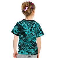 Hawaii Shark Kid T Shirt Polynesian Pattern Turquoise Version - Wonder Print Shop