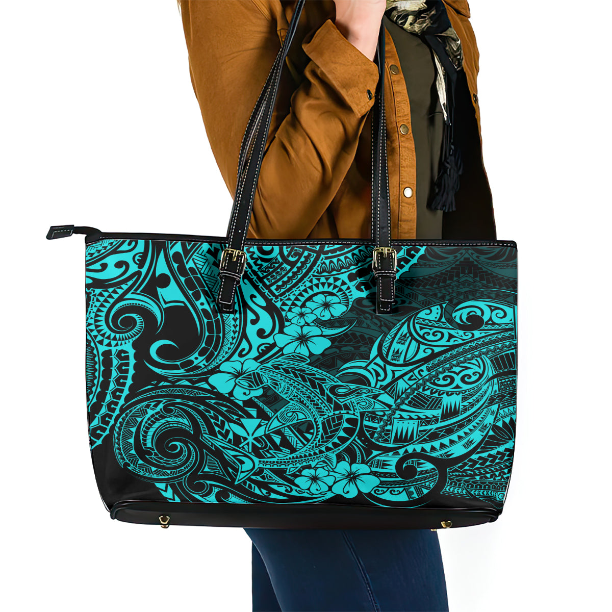 Hawaii Shark Leather Tote Bag Polynesian Pattern Turquoise Version - Wonder Print Shop