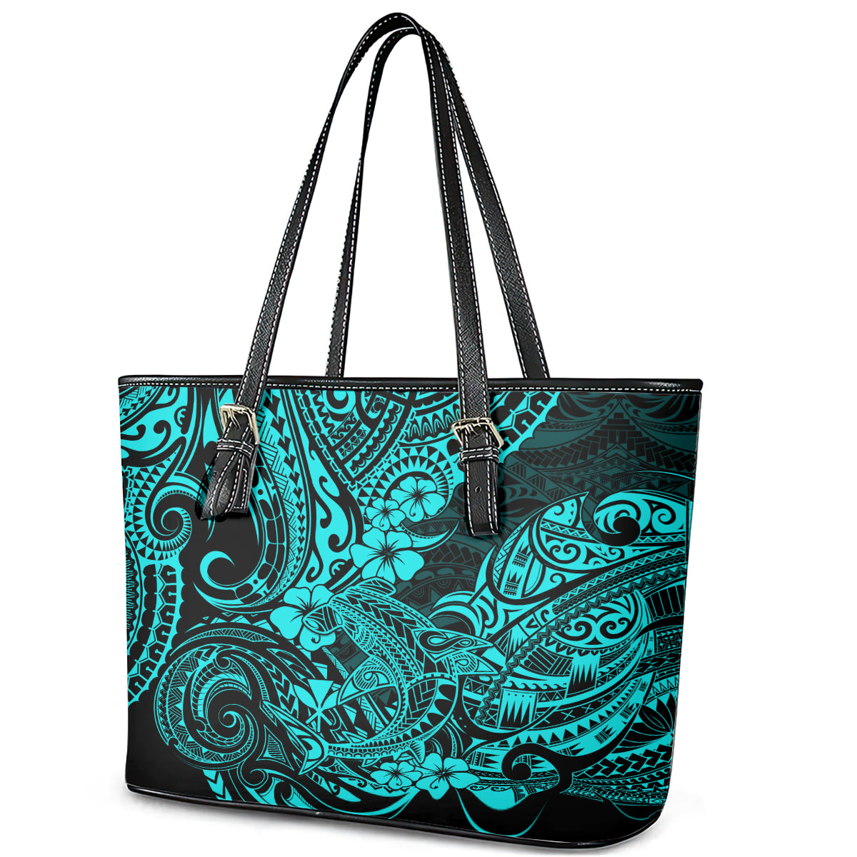 Hawaii Shark Leather Tote Bag Polynesian Pattern Turquoise Version - Wonder Print Shop