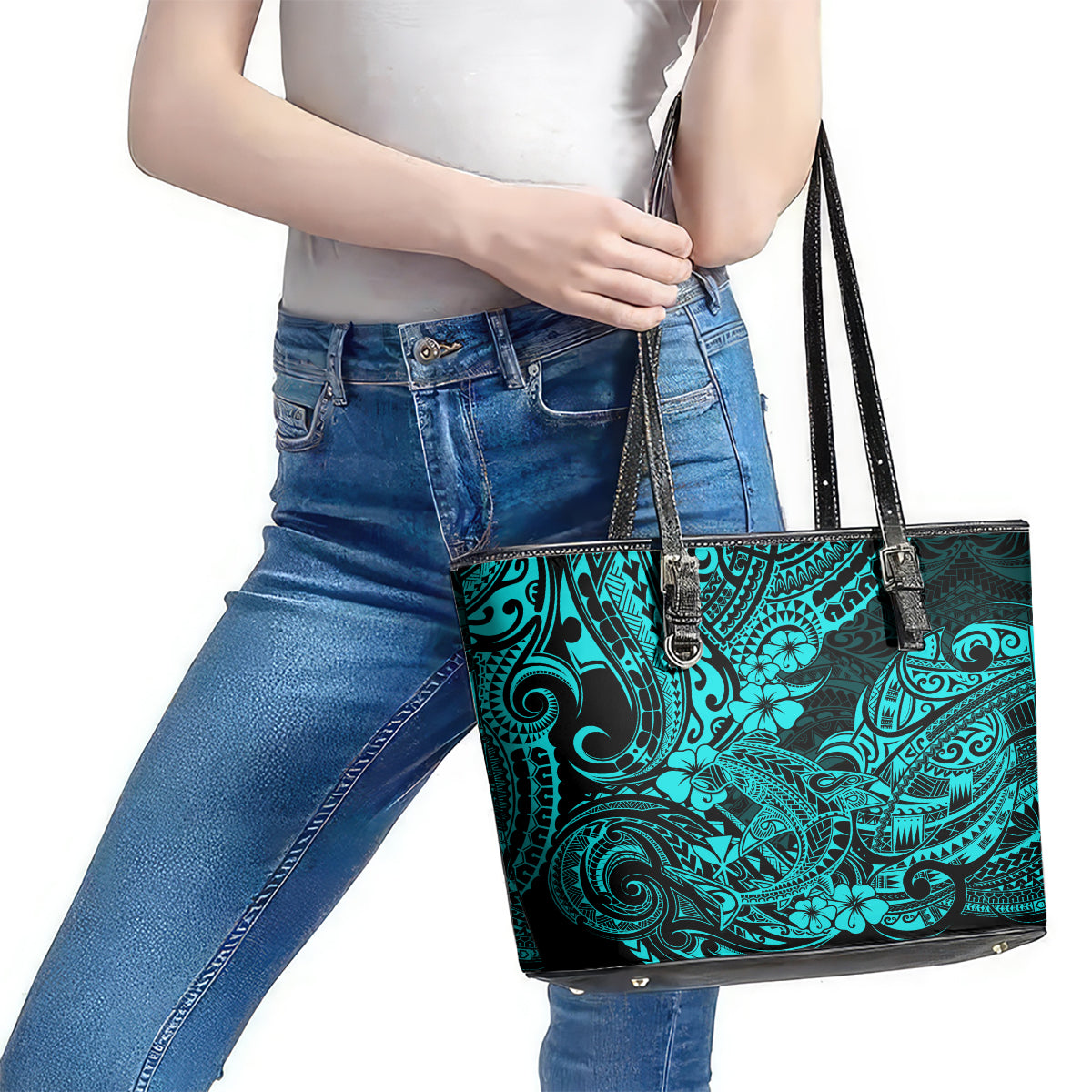 Hawaii Shark Leather Tote Bag Polynesian Pattern Turquoise Version - Wonder Print Shop