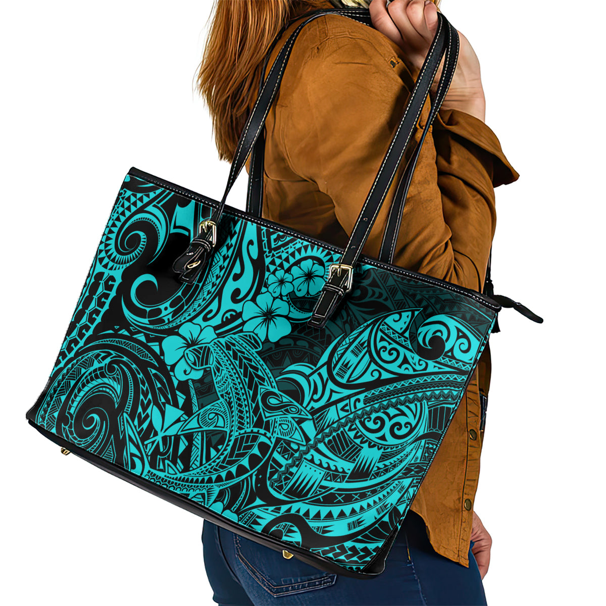 Hawaii Shark Leather Tote Bag Polynesian Pattern Turquoise Version - Wonder Print Shop