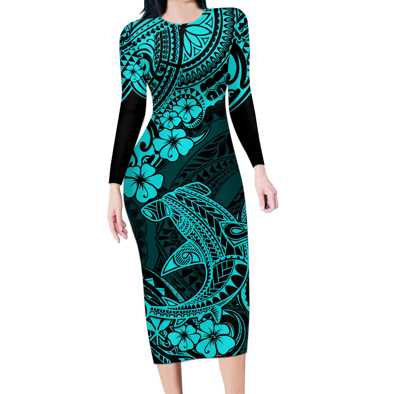 Hawaii Shark Long Sleeve Bodycon Dress Polynesian Pattern Turquoise Version - Wonder Print Shop