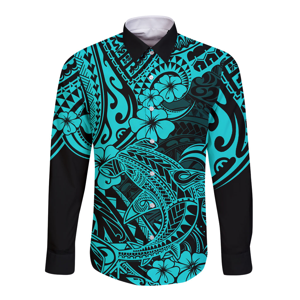 Hawaii Shark Long Sleeve Button Shirt Polynesian Pattern Turquoise Version - Wonder Print Shop