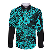 Hawaii Shark Long Sleeve Button Shirt Polynesian Pattern Turquoise Version - Wonder Print Shop