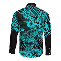 Hawaii Shark Long Sleeve Button Shirt Polynesian Pattern Turquoise Version - Wonder Print Shop