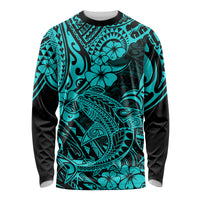 Hawaii Shark Long Sleeve Shirt Polynesian Pattern Turquoise Version - Wonder Print Shop