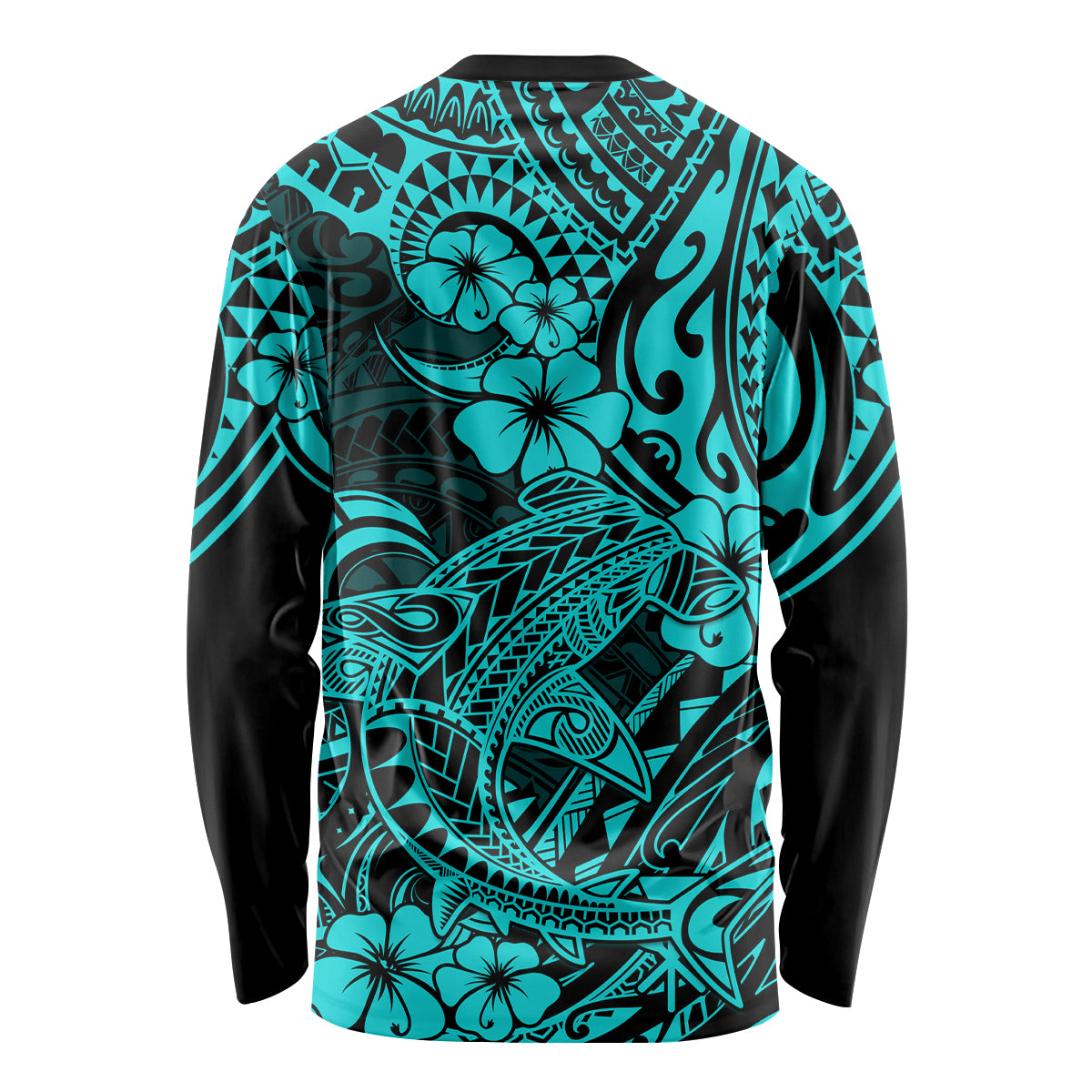 Hawaii Shark Long Sleeve Shirt Polynesian Pattern Turquoise Version - Wonder Print Shop