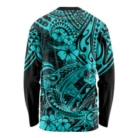 Hawaii Shark Long Sleeve Shirt Polynesian Pattern Turquoise Version - Wonder Print Shop
