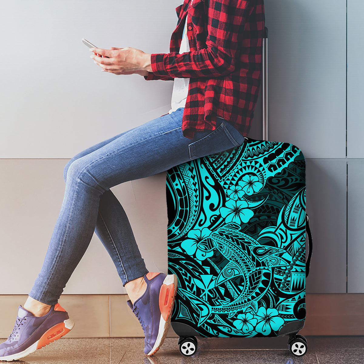 Hawaii Shark Luggage Cover Polynesian Pattern Turquoise Version - Wonder Print Shop