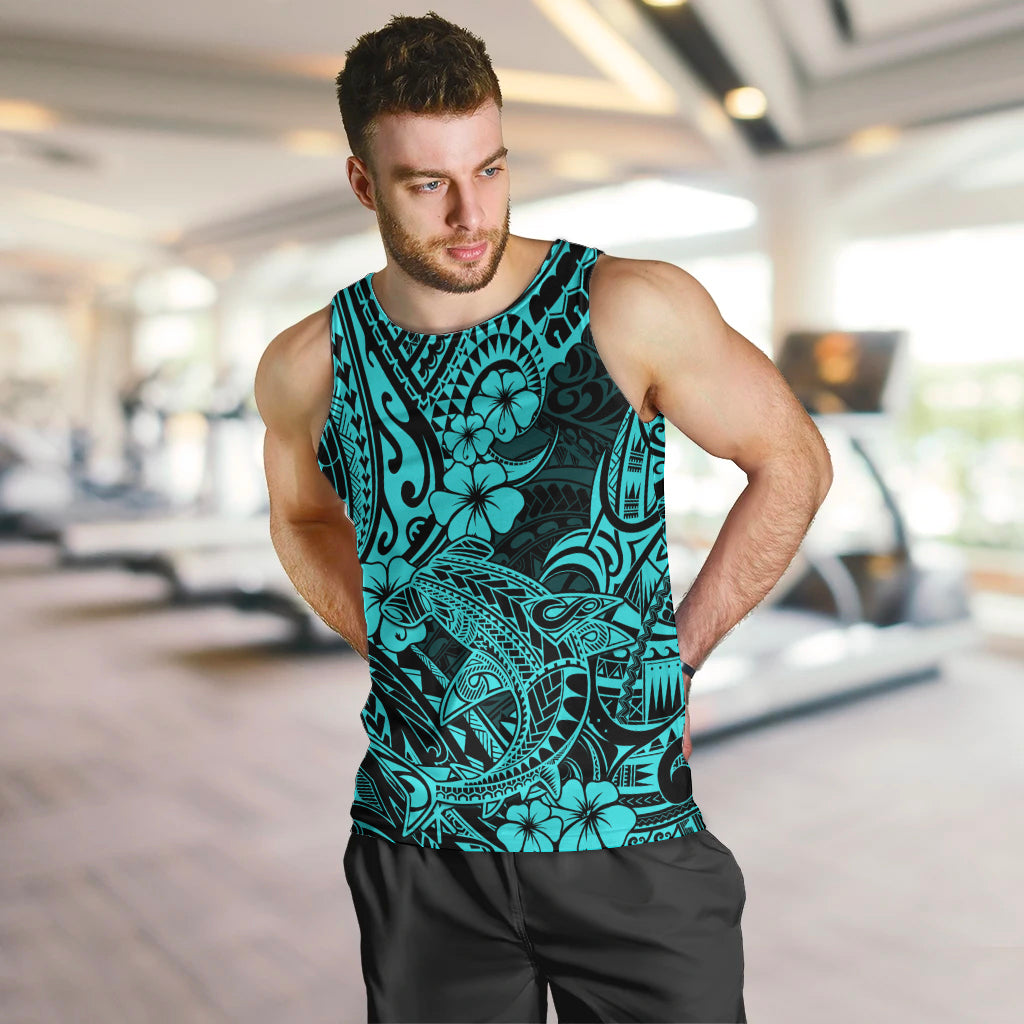 Hawaii Shark Men Tank Top Polynesian Pattern Turquoise Version - Wonder Print Shop