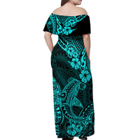Hawaii Shark Off Shoulder Maxi Dress Polynesian Pattern Turquoise Version - Wonder Print Shop
