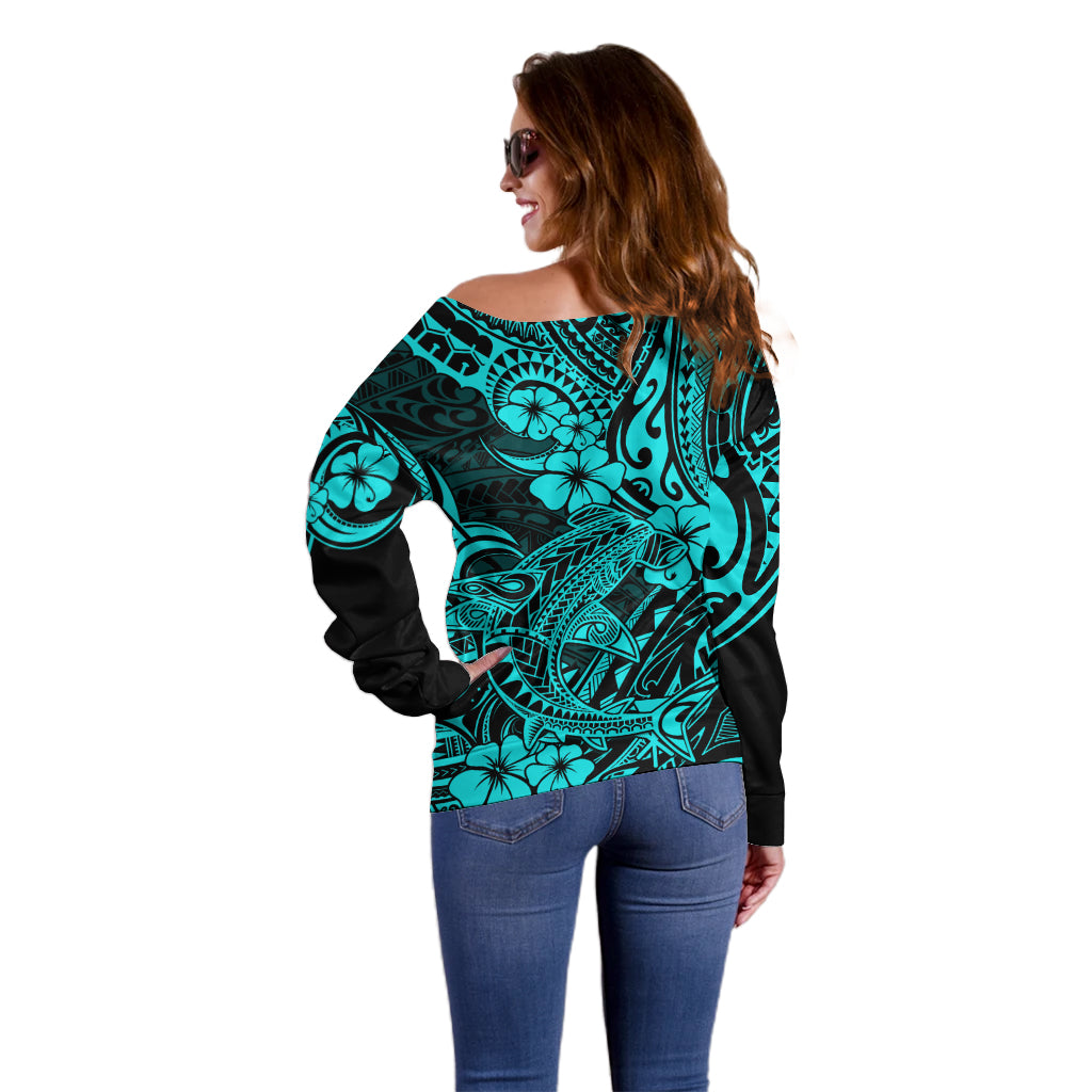 Hawaii Shark Off Shoulder Sweater Polynesian Pattern Turquoise Version - Wonder Print Shop