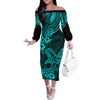 Hawaii Shark Off The Shoulder Long Sleeve Dress Polynesian Pattern Turquoise Version - Wonder Print Shop