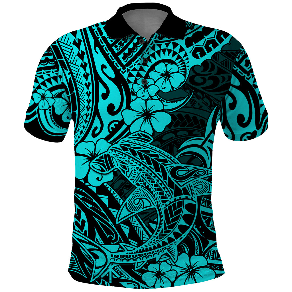 Hawaii Shark Polo Shirt Polynesian Pattern Turquoise Version - Wonder Print Shop