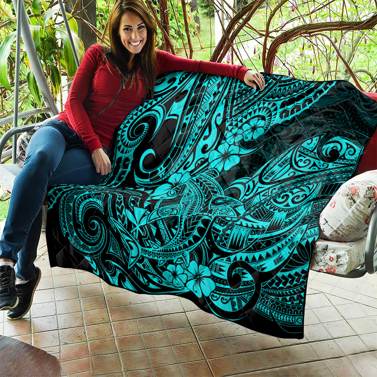 Hawaii Shark Quilt Polynesian Pattern Turquoise Version - Wonder Print Shop