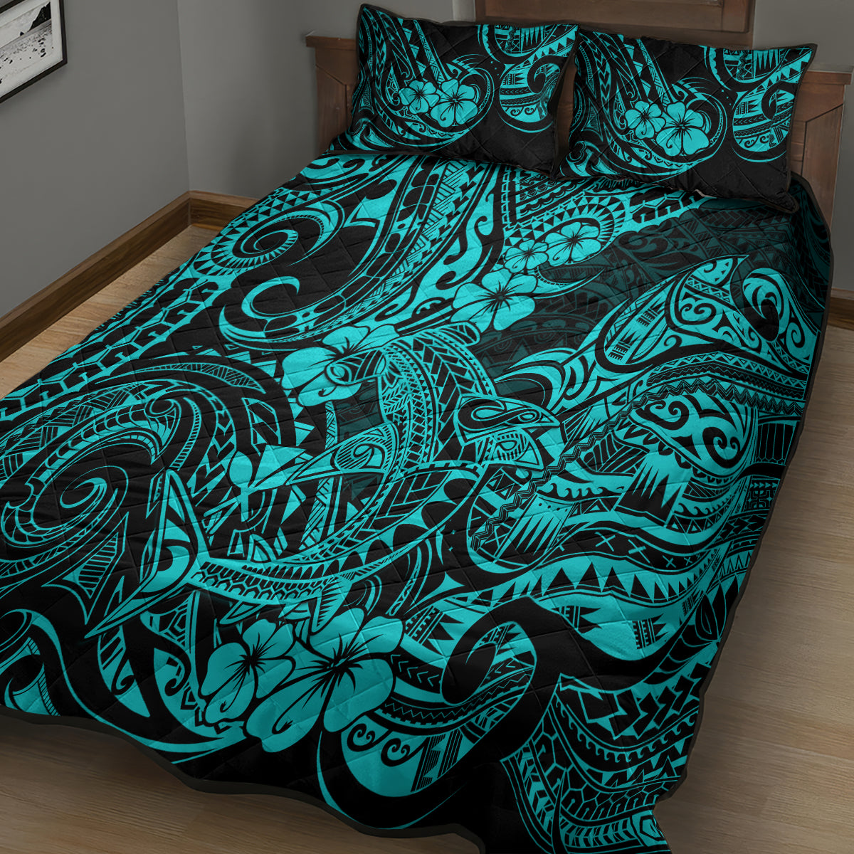 Hawaii Shark Quilt Bed Set Polynesian Pattern Turquoise Version - Wonder Print Shop