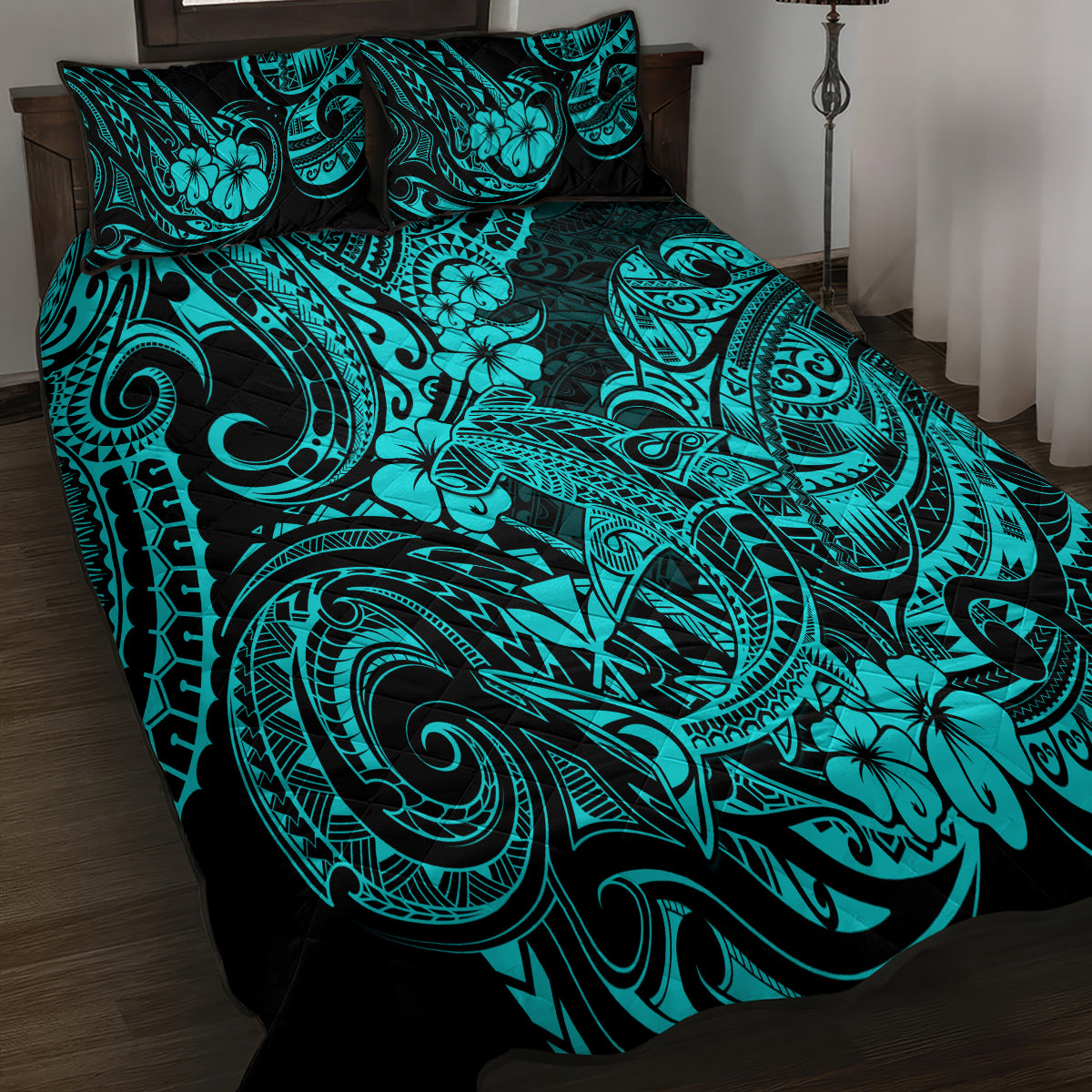 Hawaii Shark Quilt Bed Set Polynesian Pattern Turquoise Version - Wonder Print Shop