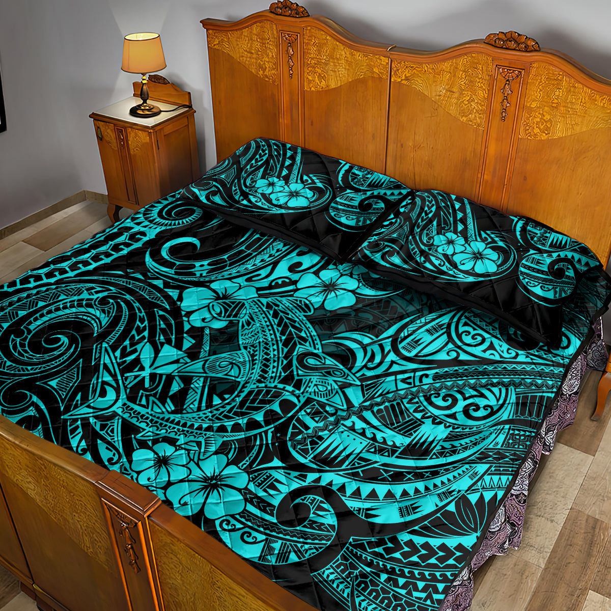 Hawaii Shark Quilt Bed Set Polynesian Pattern Turquoise Version - Wonder Print Shop