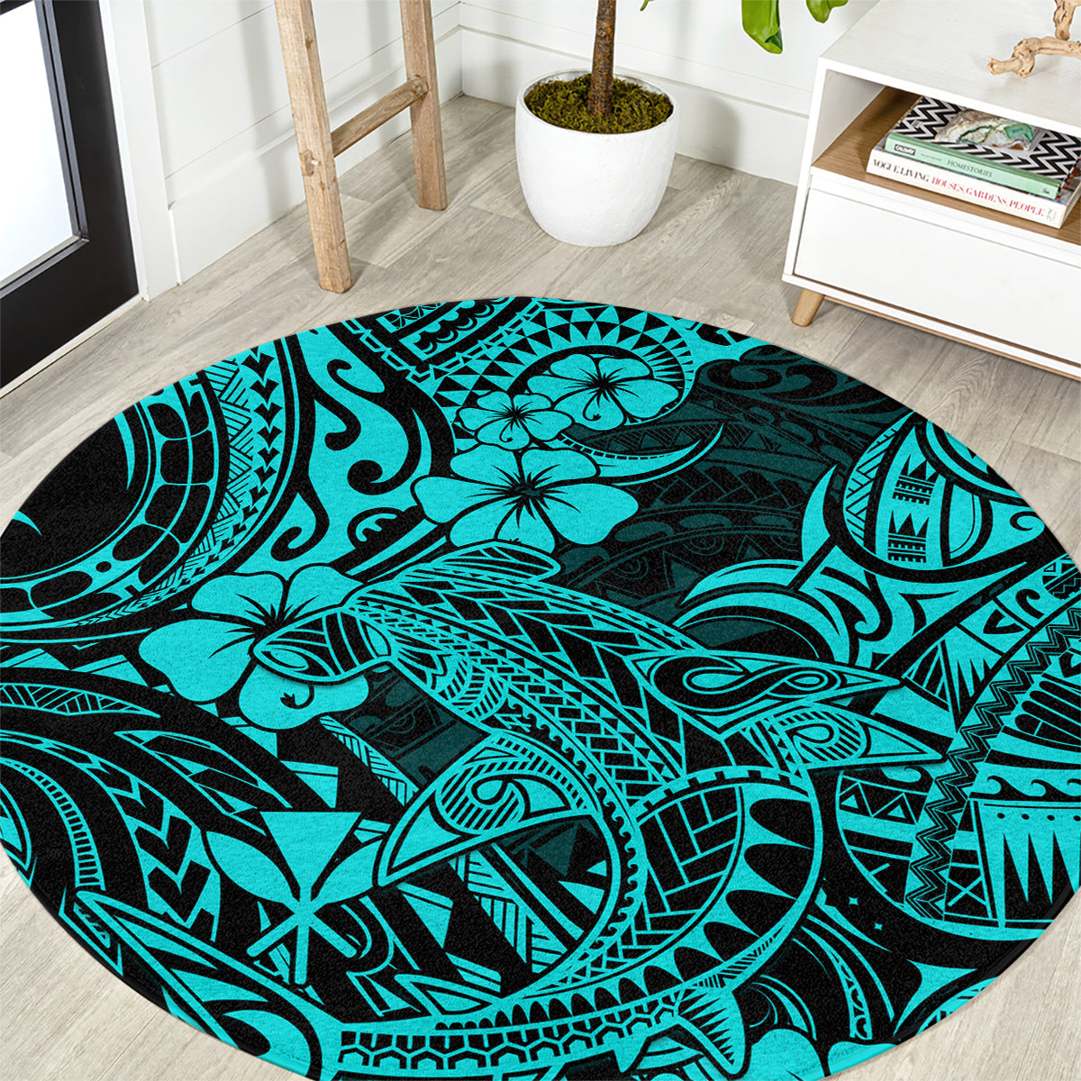 hawaii-shark-round-carpet-polynesian-pattern-turquoise-version