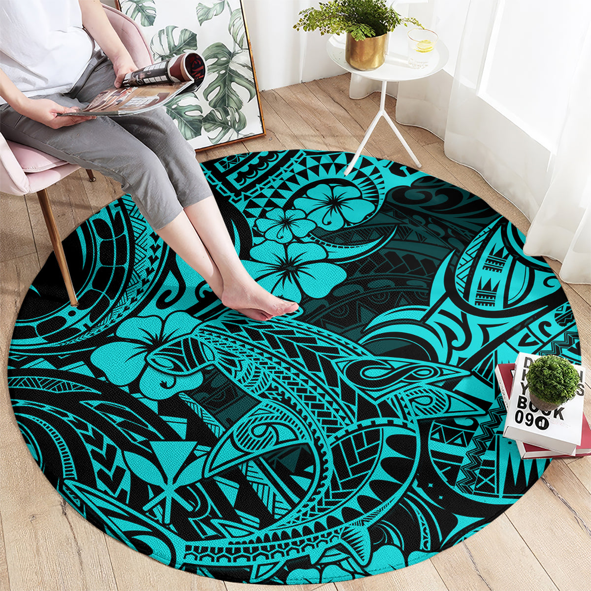 hawaii-shark-round-carpet-polynesian-pattern-turquoise-version