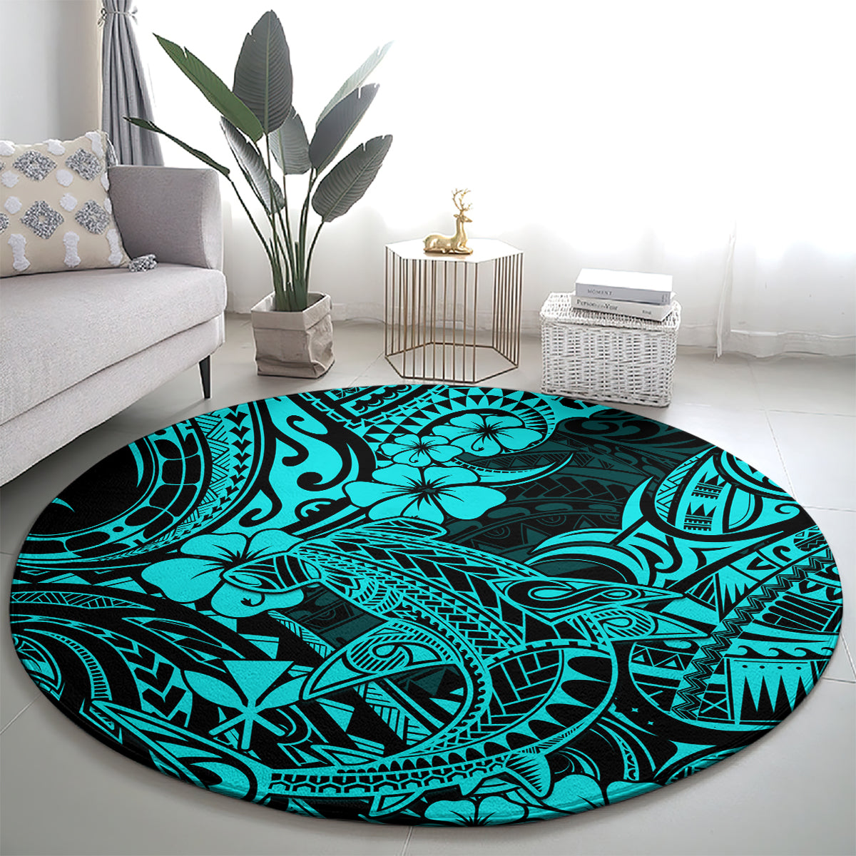 hawaii-shark-round-carpet-polynesian-pattern-turquoise-version