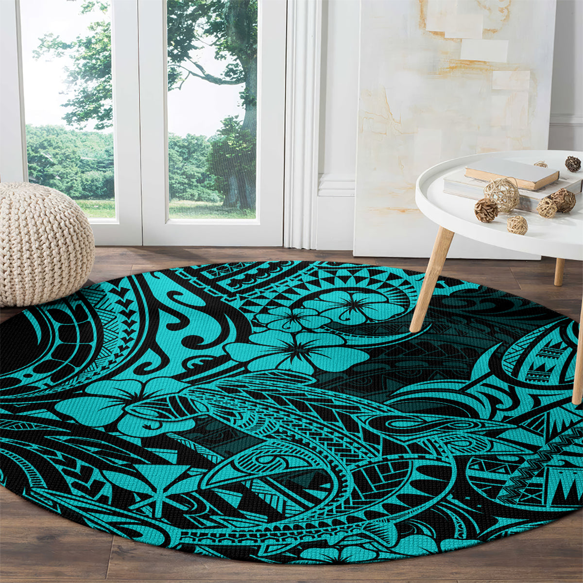 hawaii-shark-round-carpet-polynesian-pattern-turquoise-version