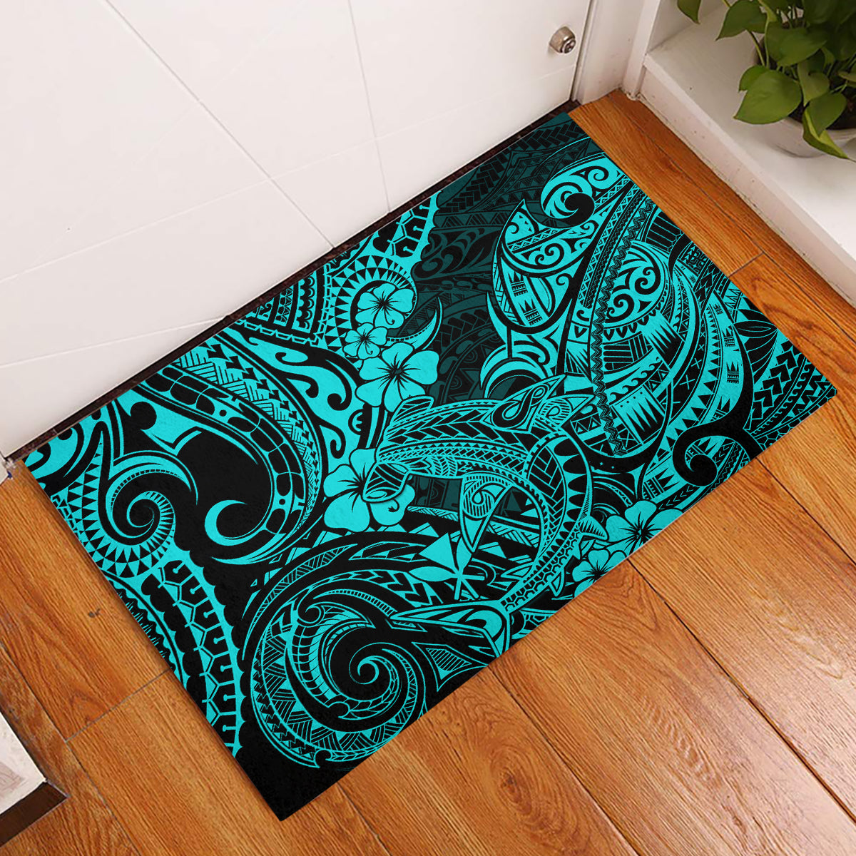 Hawaii Shark Rubber Doormat Polynesian Pattern Turquoise Version - Wonder Print Shop
